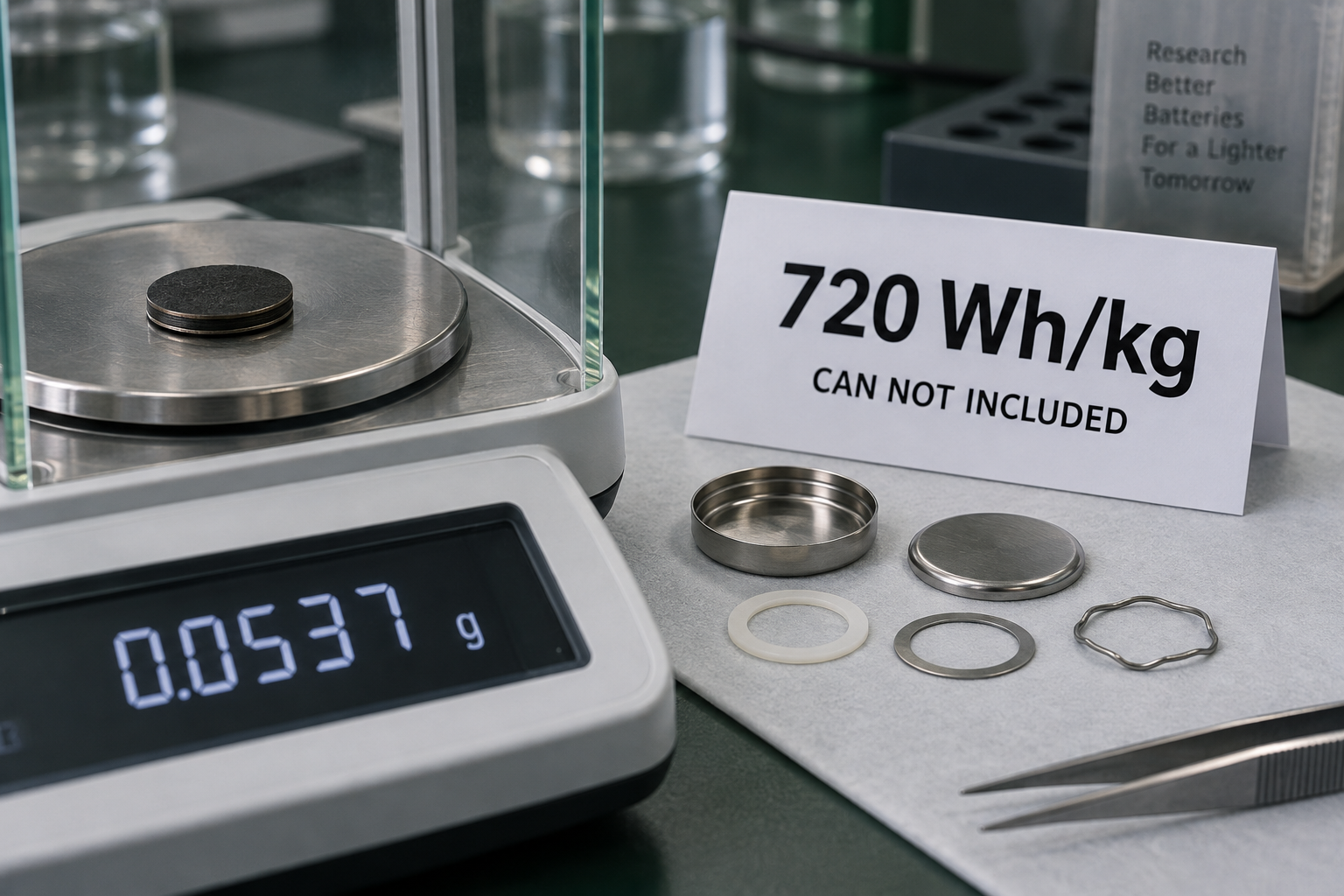 Dismantled coin cell with its can and lid beside the balance